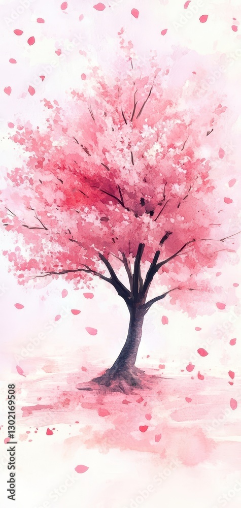 Fototapeta premium Delicate cherry blossom tree with petals drifting in the wind, soft pastel watercolor style, minimalist yet expressive composition