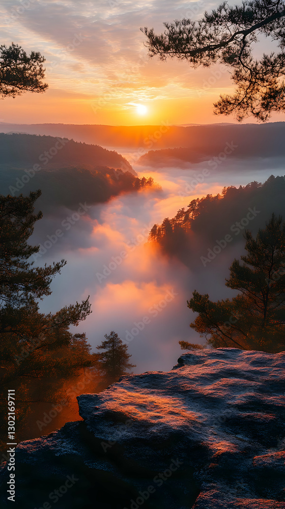 Naklejka premium Sunrise Over Misty Valley Landscape