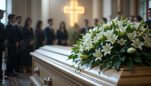 Caskets with Flowers. A somber gathering at a funeral service, focusing on a beautiful arrangement of white lilies atop a closed casket.