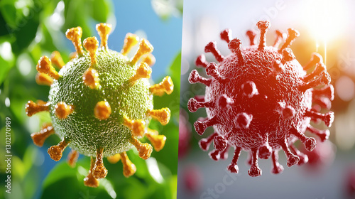 split screen image showing influenza virus in two colors, highlighting its structure and details. vibrant colors emphasize virus features and scientific significance
