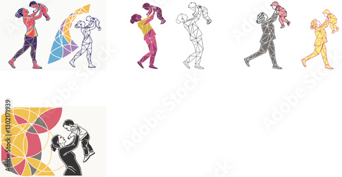Mother with her son holding up abstract geometric shape vector art set design 