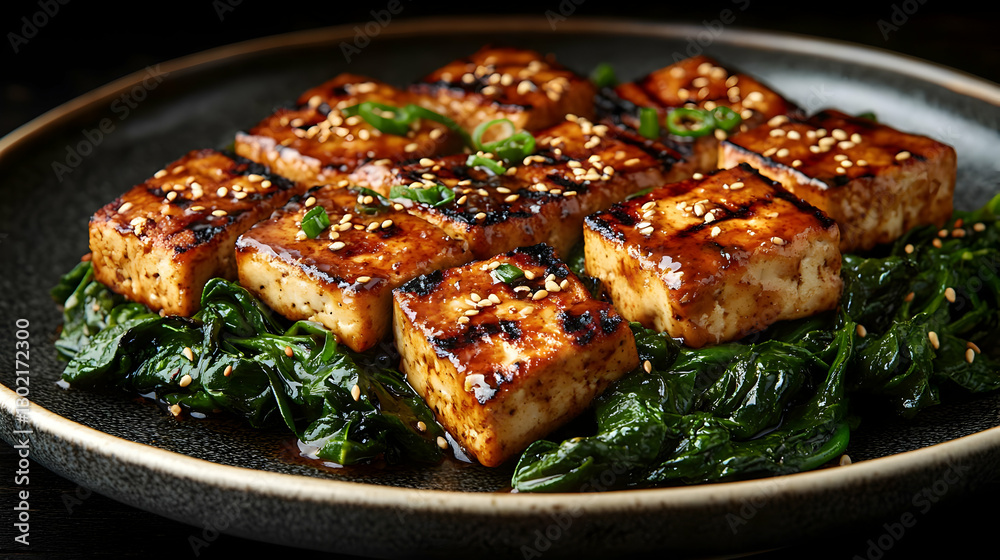 Grilled Tofu Cubes with Spinach Grilled Tofu Cubes with Spinach