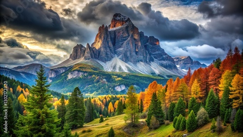 Sass De Putia Peak Under Cloudy Skies from Wild Woods at Passo Delle Erbe, Dolomites, Italy photo