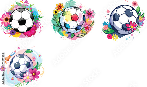 Soccer ball with paint brush stoke floral decoration vector art set design watercolor