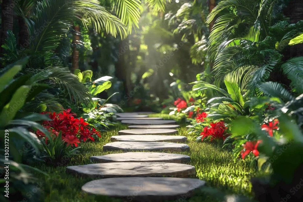 Fototapeta premium Stone path winding through lush tropical vegetation with red flowers