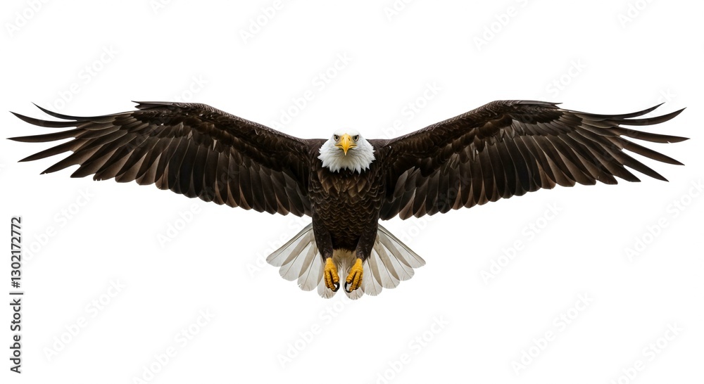Naklejka premium Majestic Bald Eagle in Flight Wings Spread Wide Isolated on White Background