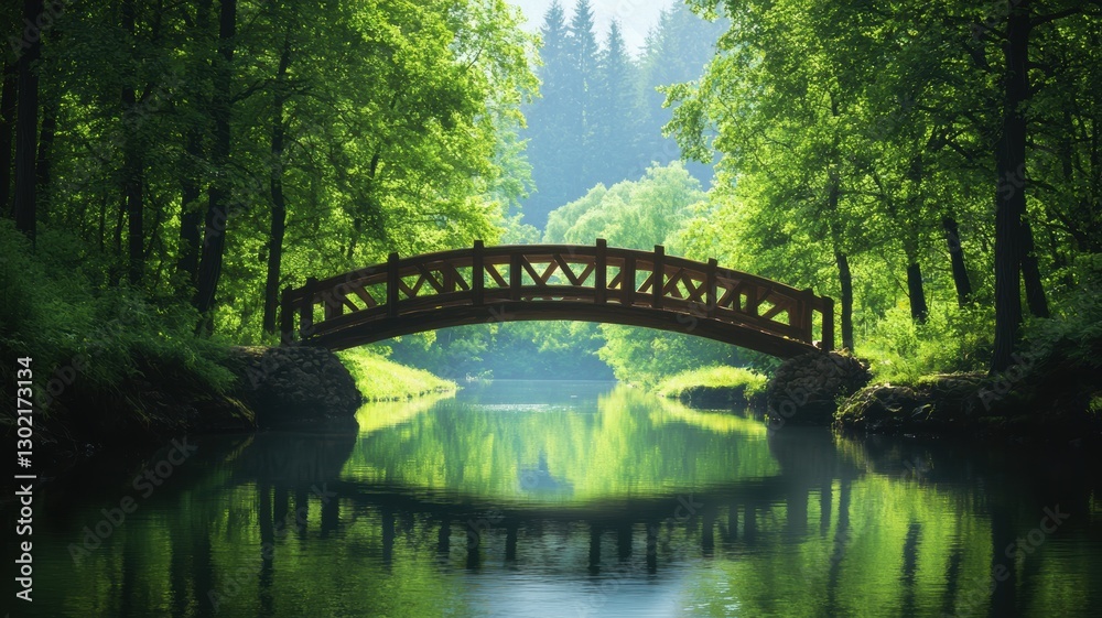 A serene wooden bridge over a calm, reflective river surrounded by lush greenery. A serene wooden bridge over a calm, reflective river surrounded by lush greenery.