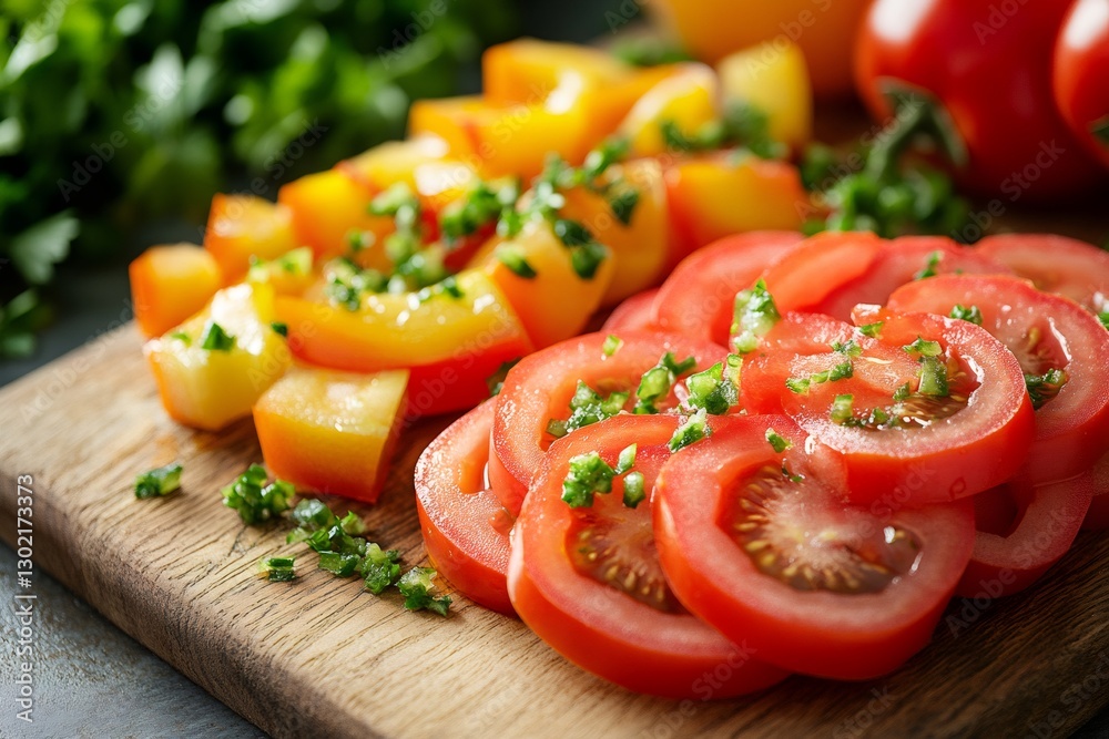 Chef preparing a fresh salad with sliced tomatoes and yellow bell peppers Chef preparing a fresh salad with sliced tomatoes and yellow bell peppers
