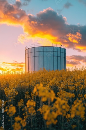 Yellow flowers near water tank