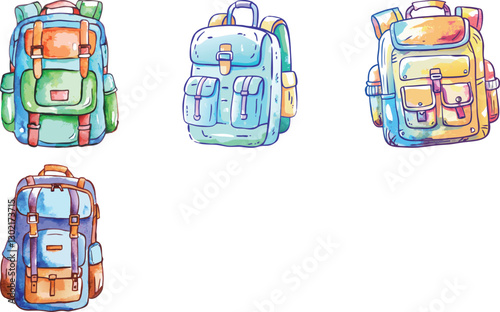 Tourist backpack watercolor hand drawn art vector art set design  