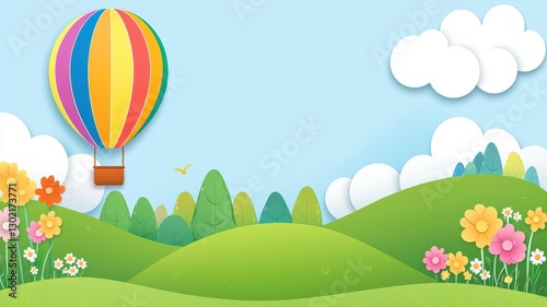 Colorful hot air balloon floating over a vibrant, floral landscape with rolling hills and a blue sky.