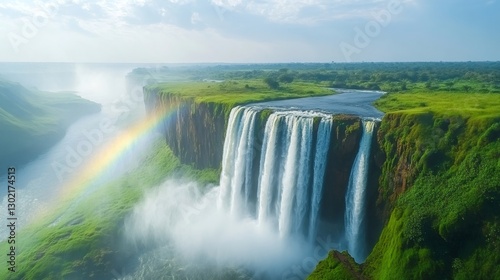 Victoria Falls creating a rainbow over Zambezi River in Livingstone, Zambia