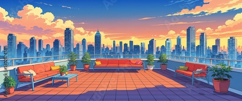 Rooftop terrace with city skyline background anime retro cartoon concept illustration