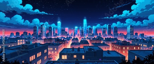 Rooftop view of a sprawling metropolis glowing at night background anime retro cartoon concept illustration