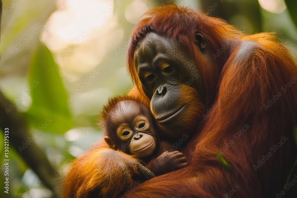 Obraz premium Mother orangutan embracing her baby in the rainforest