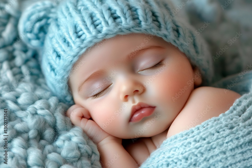 Newborn baby sleeping peacefully wearing a knitted hat and covered by a knitted blanket Newborn baby sleeping peacefully wearing a knitted hat and covered by a knitted blanket