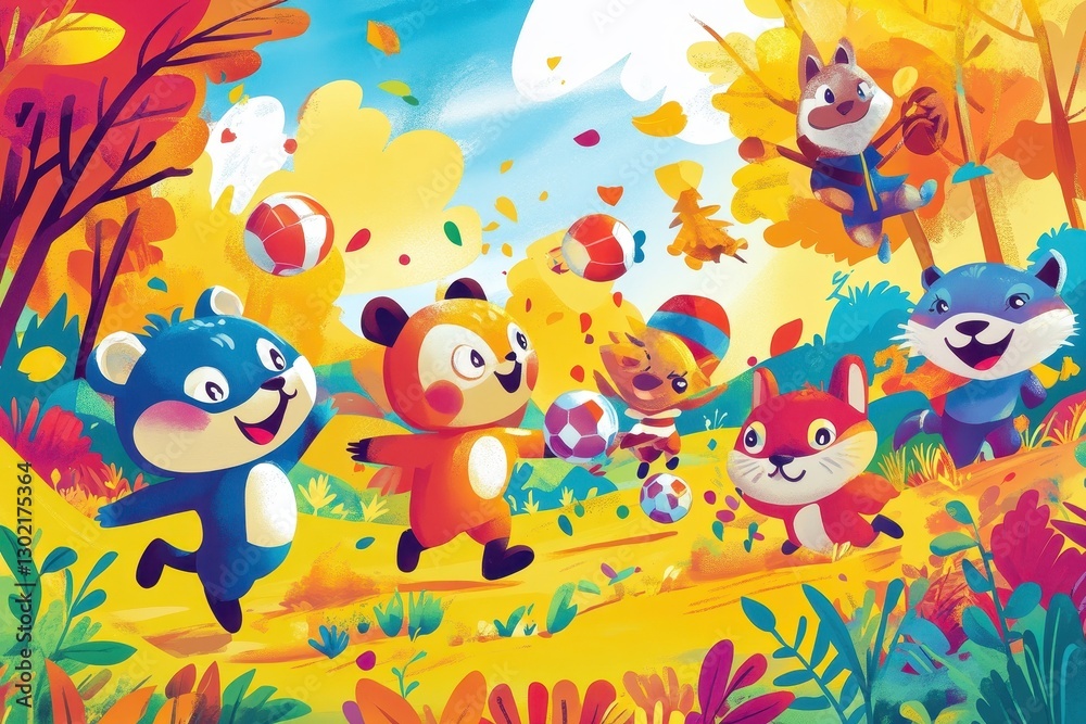 Animated cartoon animals playing with balls in a colorful landscape