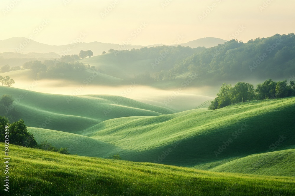 Obraz premium Beautiful landscape of green tuscan hills with morning fog