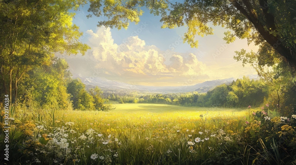 Fototapeta premium Golden meadow and wildflowers stretch towards distant rolling hills