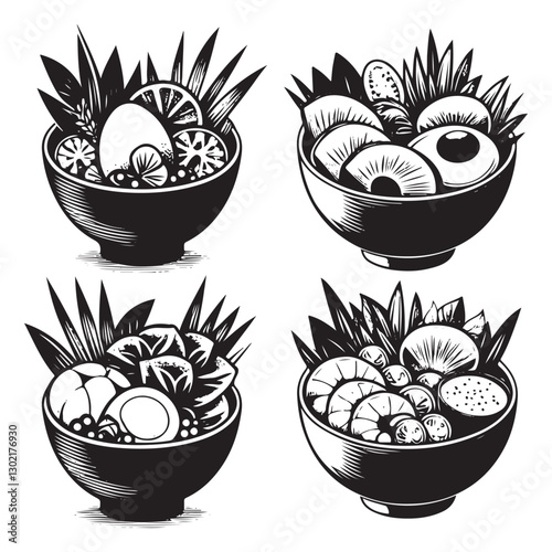 poke bowl collection. Salmon, cucumber, tomato, egg, shrimp, and other vector silhouette
