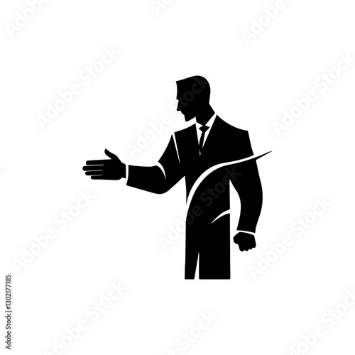 Black and white business handshake logo with professional suit design for corporate branding and trust