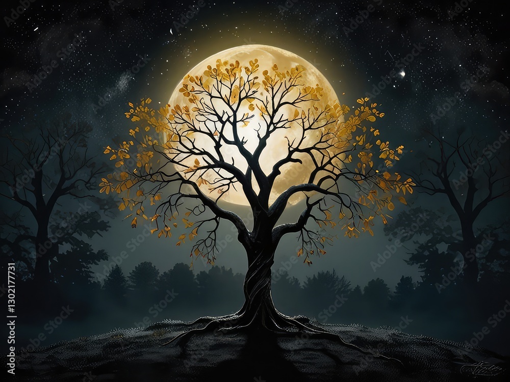 Fototapeta premium tree on the moon transparent background, tree in the night, tree and moon, earth and moon, the moon, night landscape with moon