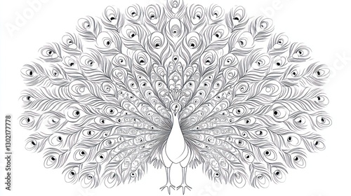 Elegant peacock with fully spread tail feathers, monochrome line art.