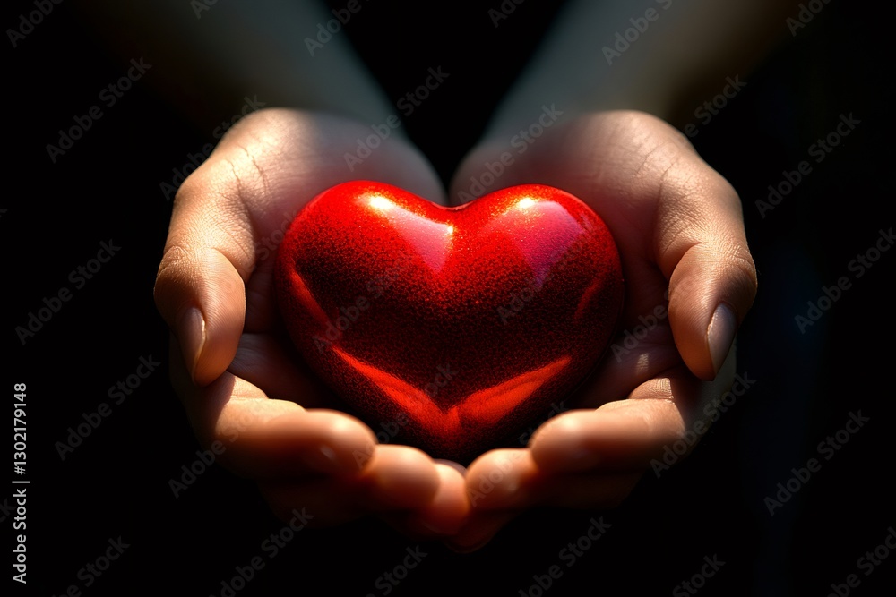 Two hands holding a shiny red heart against black background Two hands holding a shiny red heart against black background