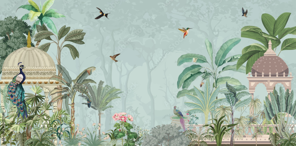 Traditional mughal garden Illustration, Mughal mural wallpaper Design, Birds, Peacock, Watercolor Background.