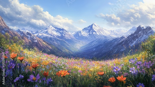 A breathtaking oil painting captures a vibrant, color-rich mountainous landscape. Deep blue skies boast fluffy white clouds, while distant snowy peaks glow majestically against the horizon photo