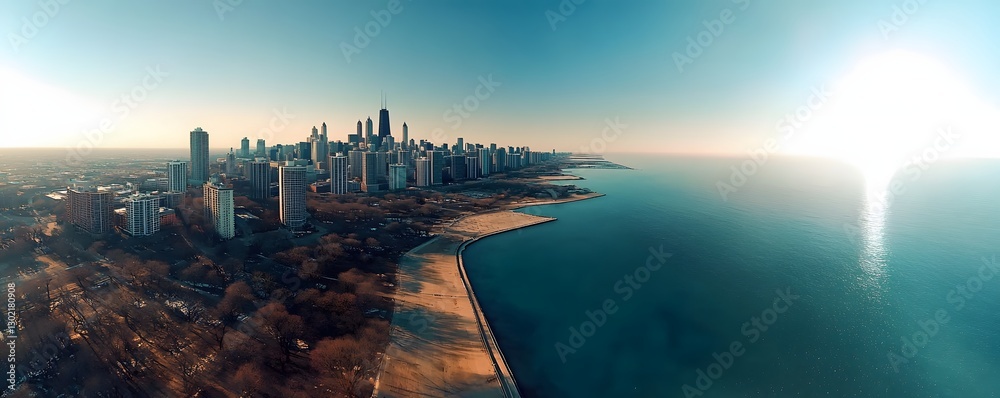 Obraz premium Chicago skyline meets lake michigan on a bright sunny day