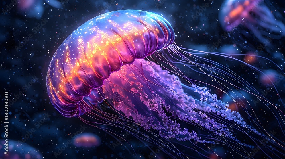 Fototapeta premium Majestic jellyfish gliding through the ocean waters displaying its graceful movement and stunning natural colors