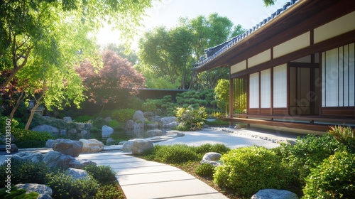 Tranquil Japanese Zen Garden with Traditional Home and Koi Pond