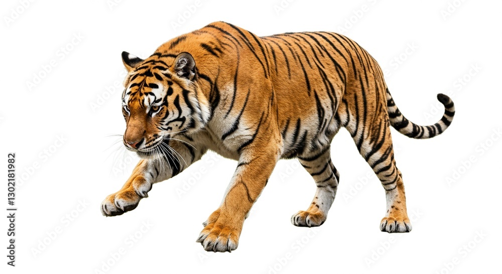 Fototapeta premium Majestic Bengal Tiger Walking Powerful Wild Cat Orange Fur Isolated on White Background