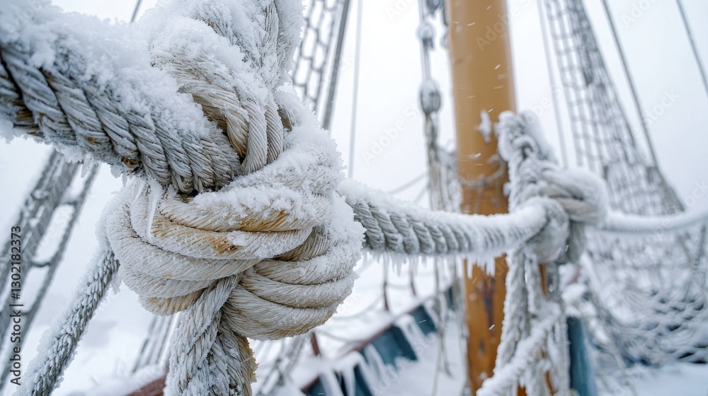 Obraz premium A close-up view of a frosted rope knot on a sailing ship, showcasing the intricate details and textures of ice and rope in a winter maritime scene.