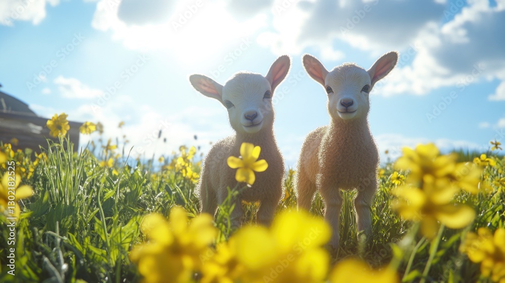Fototapeta premium Sheep in Yellow Flowers Field