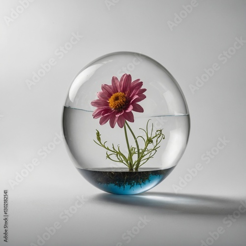 A surreal levitating flower encased in a glass bubble on white.