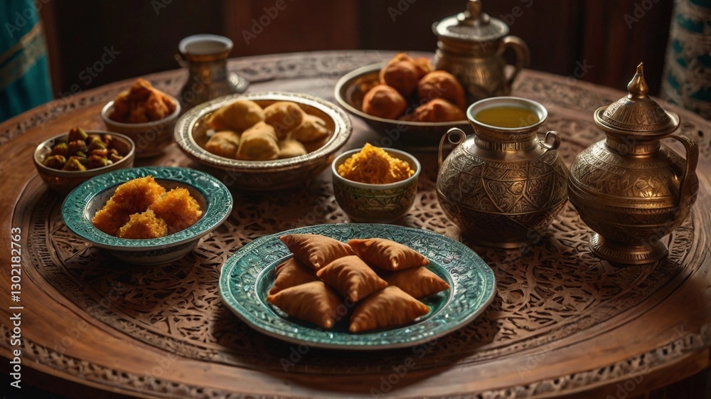 Delicious Middle Eastern Sweets Assortment on Carved Wooden Table Delicious Middle Eastern Sweets Assortment on Carved Wooden Table