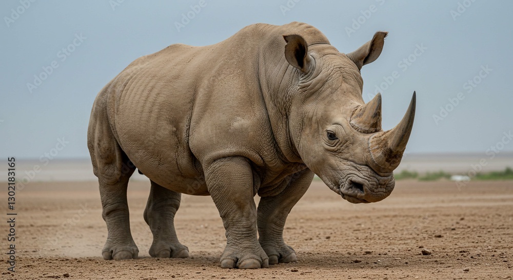 Fototapeta premium Majestic White Rhinoceros Standing in African Savanna Landscape