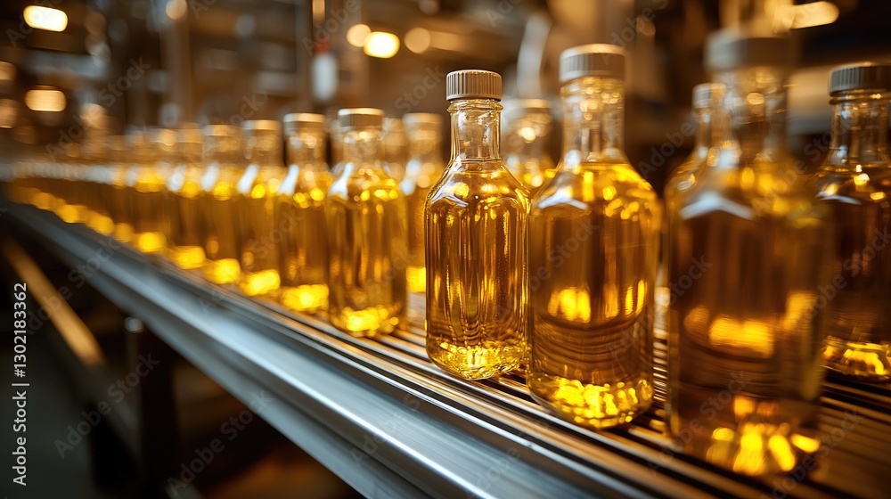 Bottles of Golden Oil on Production Line in Industrial Facility Bottles of Golden Oil on Production Line in Industrial Facility