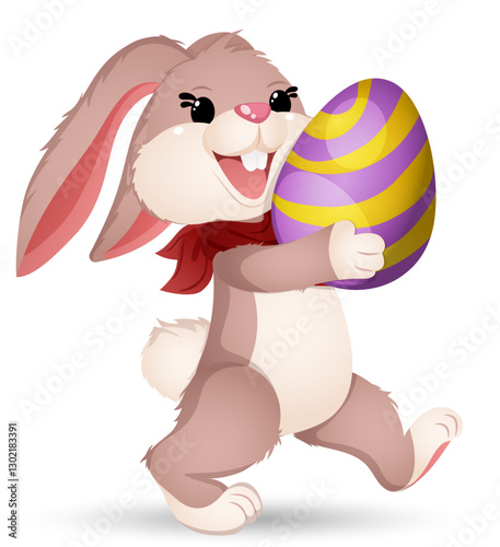 Easter Bunny Happily Carrying Egg while Walking. Adorable Cartoon Illustration Isolated