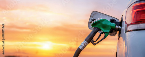 A fuel nozzle is inserted into a car's gas tank during a vibrant sunset, highlighting the connection between vehicles and energy.
