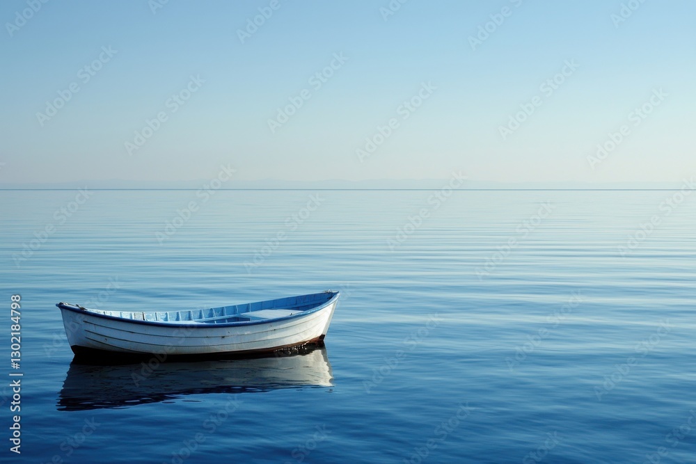 A serene scene of a single boat floating peacefully on calm waters under a clear blue sky, reflecting tranquility and solitude. A serene scene of a single boat floating peacefully on calm waters under a clear blue sky, reflecting tranquility and solitude.