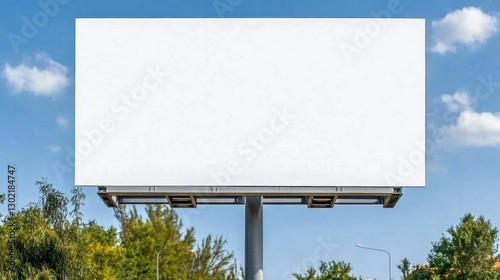Large Blank White Billboard Against Blue Sky with Green Trees in Daylight