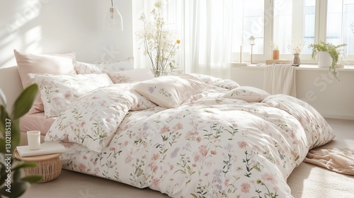 Bright and airy spring bedroom, pastel colors, soft natural light, cozy bedding with floral patterns, light and fresh decor, minimalistic yet warm atmosphere, peaceful and inviting space