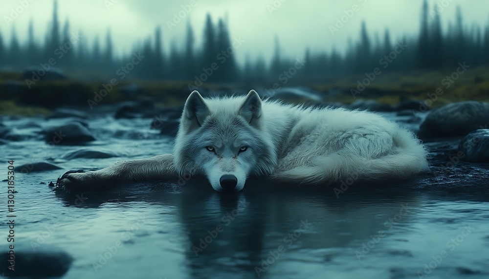 Obraz premium Arctic wolf resting by misty stream