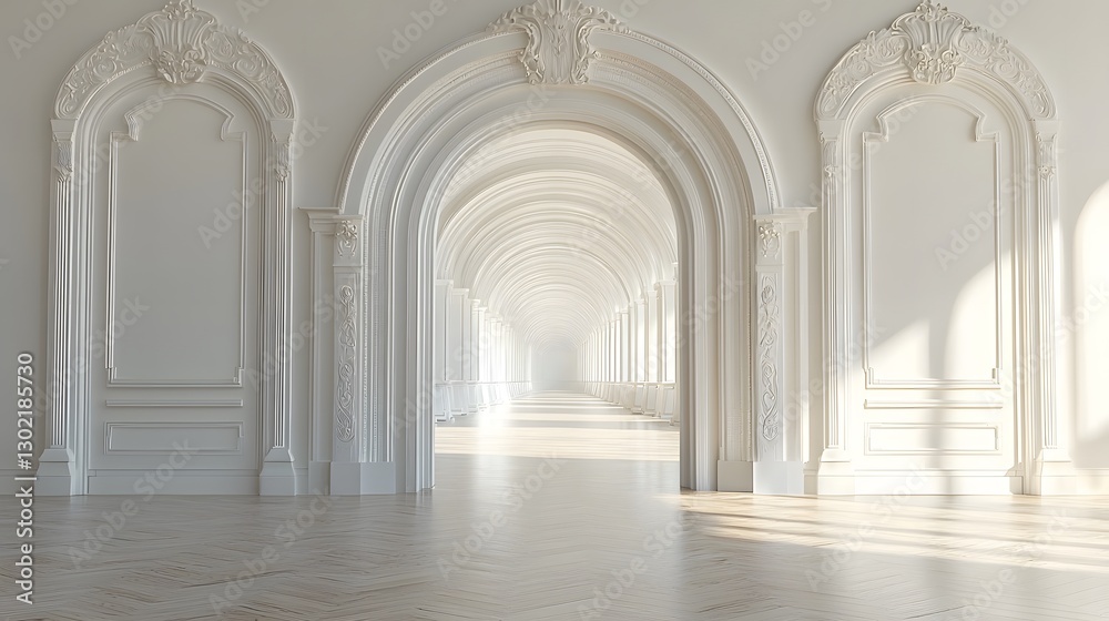 Modern white room featuring a large arch and minimalistic design with natural light flooding through the space