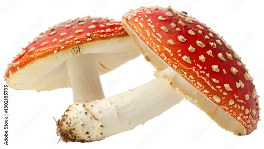 Obraz premium Two whole fresh fungus Amanita mushroom isolated on white background. Suitable for marketing or business purposes. PNG file