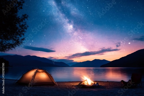 Illuminated tent and campfire under the milky way on a lake shore at sunset