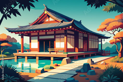 Japanese house (minka) Illustration, featuring wooden beams, sliding shoji doors, and a tiled roof. Include a serene garden with bonsai trees, a stone lantern, and a koi pond for added cultural depth.